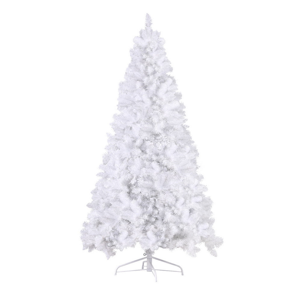 White artificial Christmas tree with dense branches and metal stand