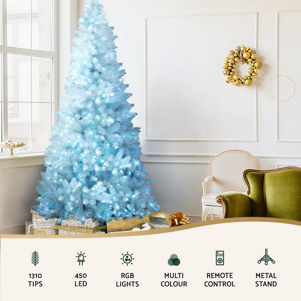 Blue LED Christmas tree with tinsel tips and metal stand