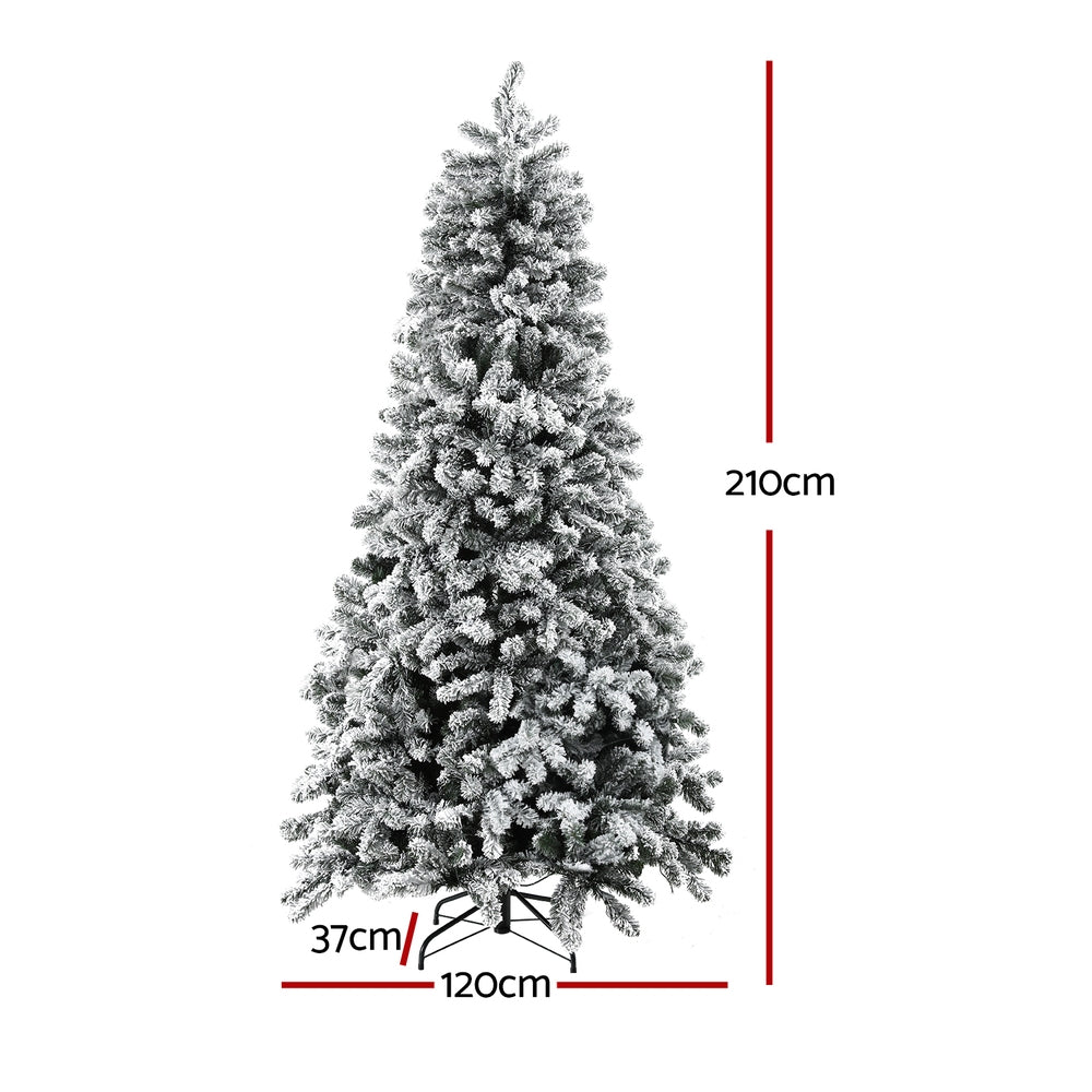 Snow-flocked Christmas tree with warm white LED lights, tall hinged shape