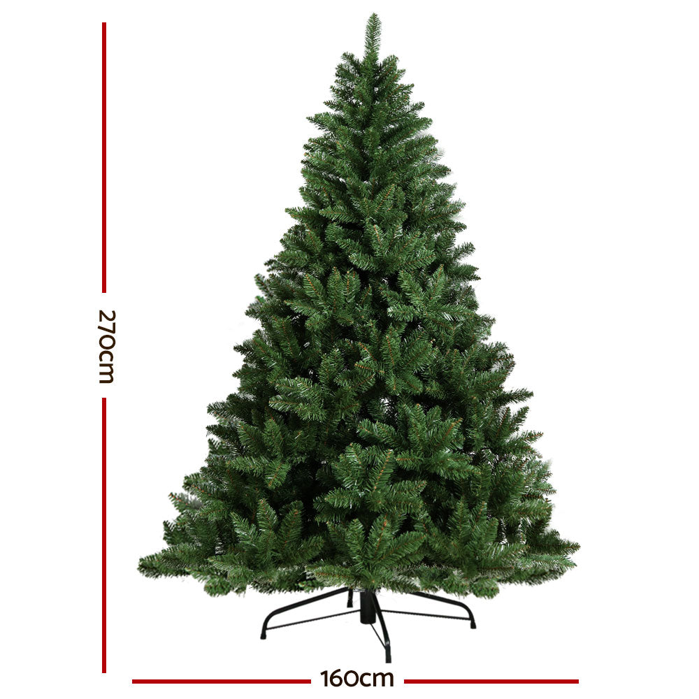 Green artificial Christmas tree, 270 cm tall with stand and 160 cm width