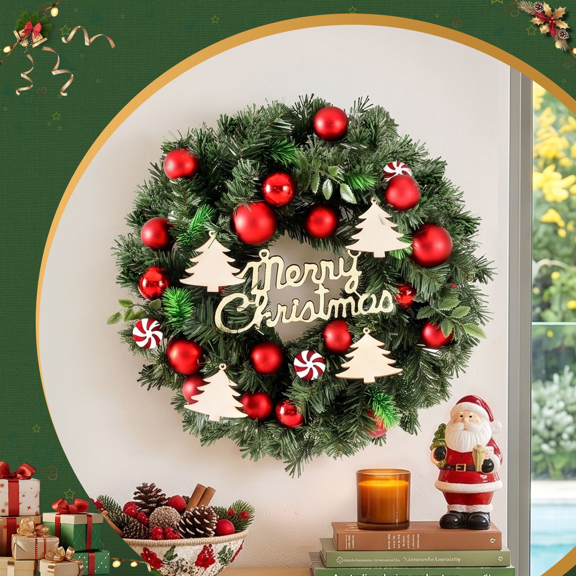 Jingle Jollys Christmas Wreath 40CM Xmas Garland Baubles Ornaments Party Decor Bedworld
