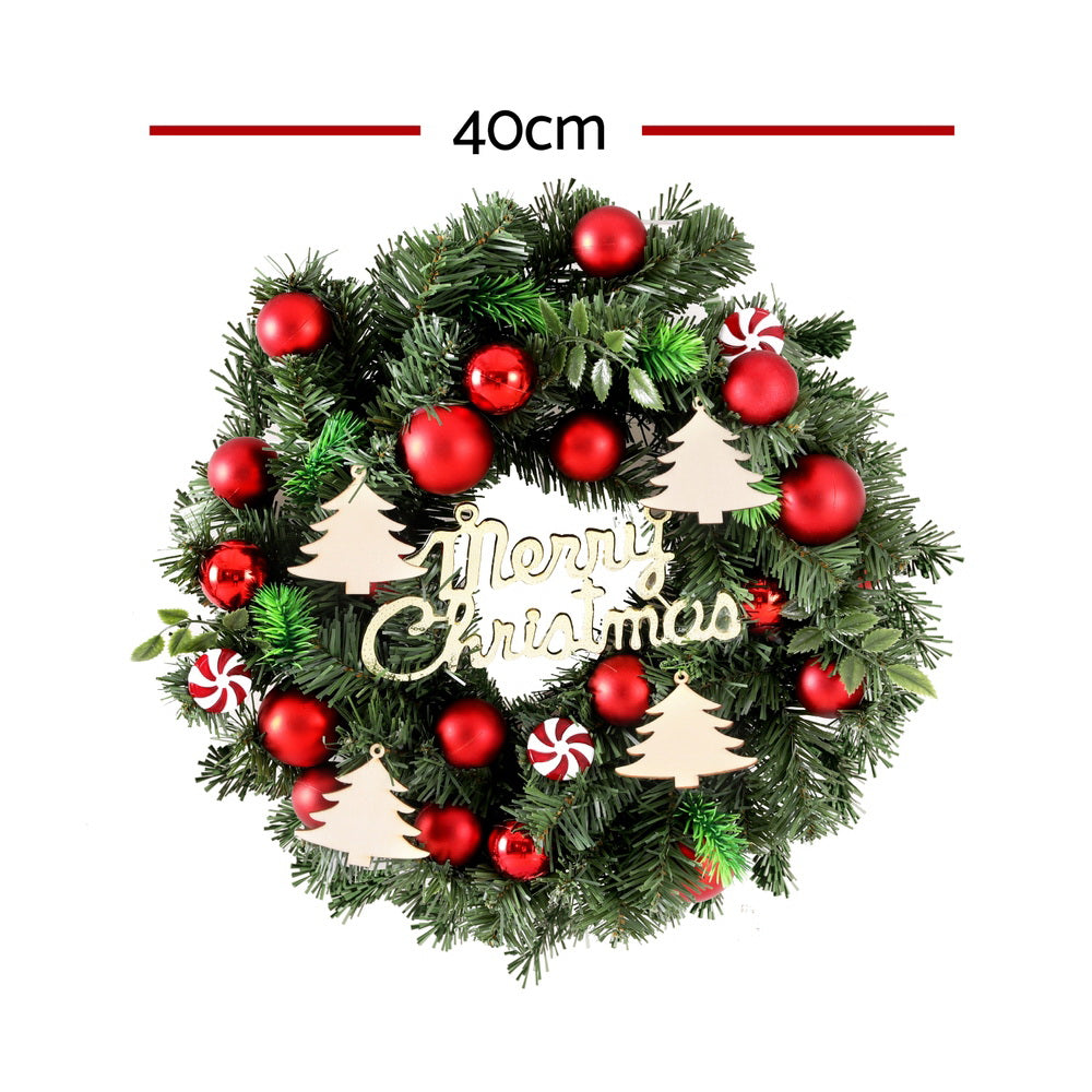 40cm Christmas wreath with red baubles, candy cane ornaments and 'Merry Christmas' plaque