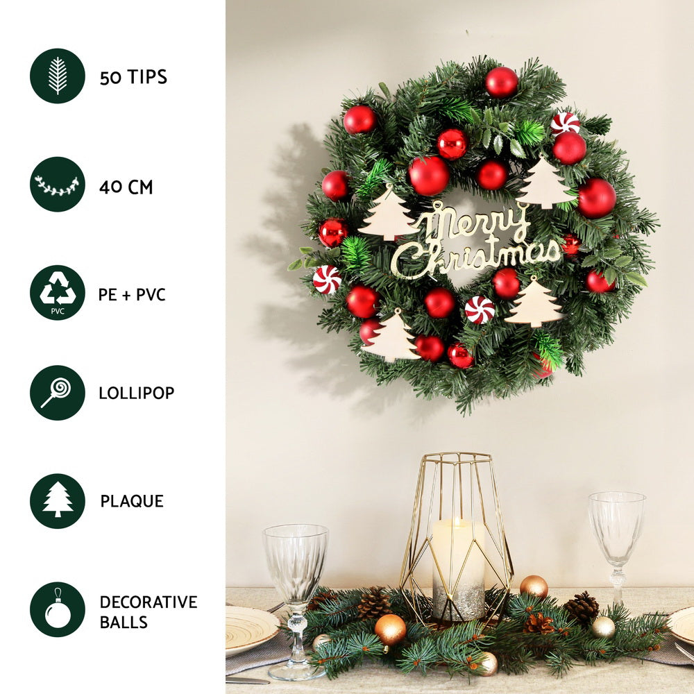 Christmas wreath decor, green pine with red baubles and 'Merry Christmas' plaque, 40cm
