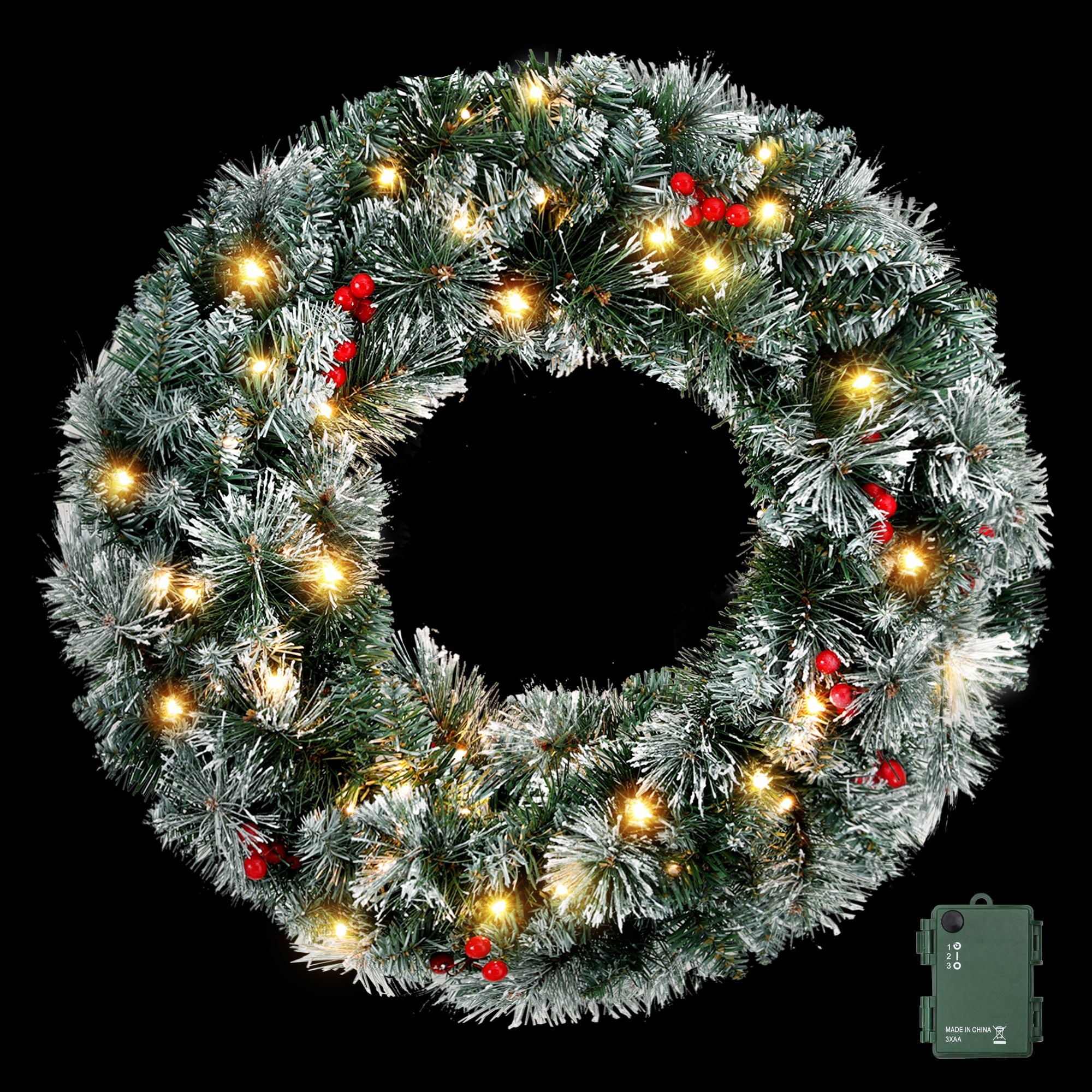 Jingle Jollys 60cm Christmas Wreath LED Lights Snowy Berries Garland Party Decor Bedworld