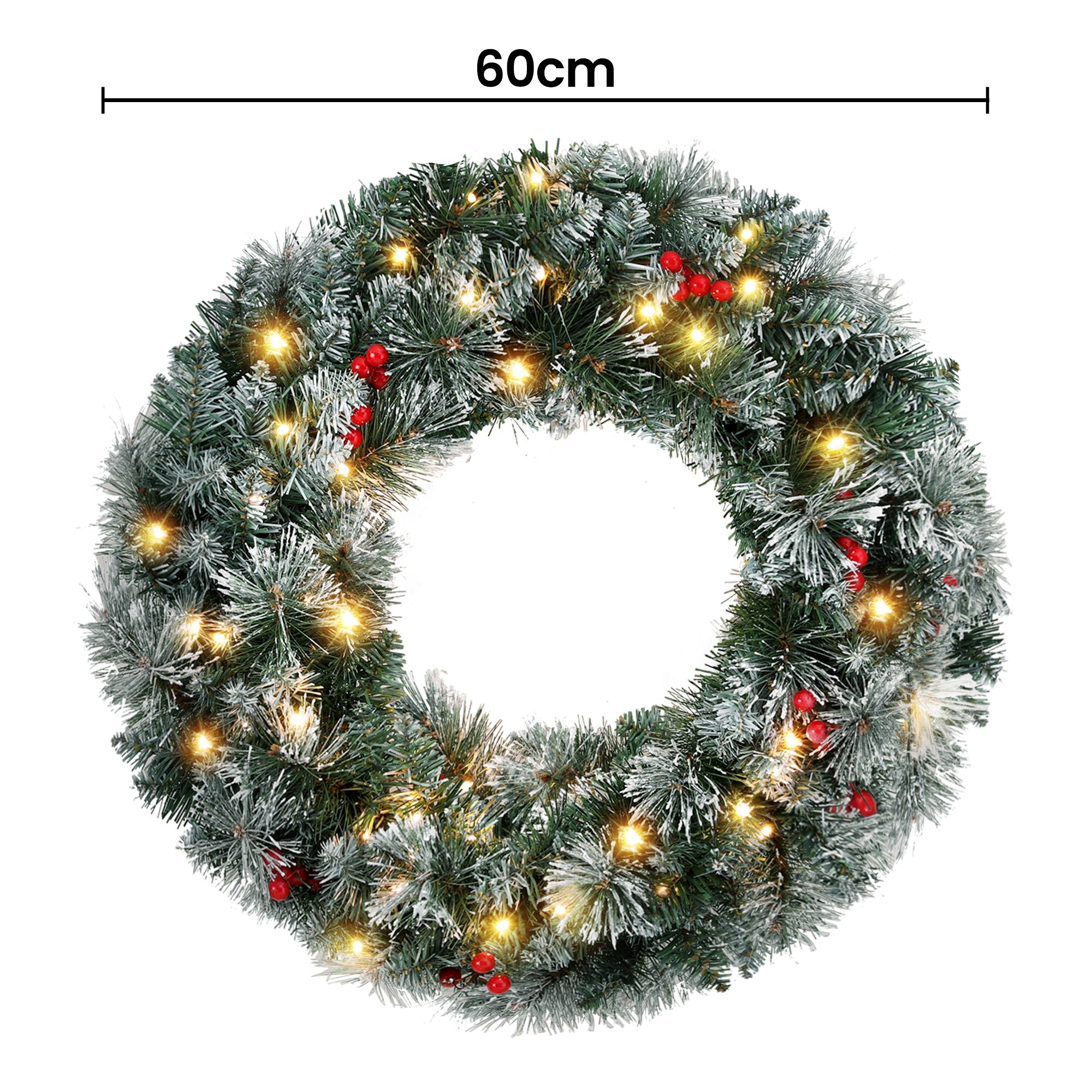 Jingle Jollys 60cm Christmas Wreath LED Lights Snowy Berries Garland Party Decor Bedworld