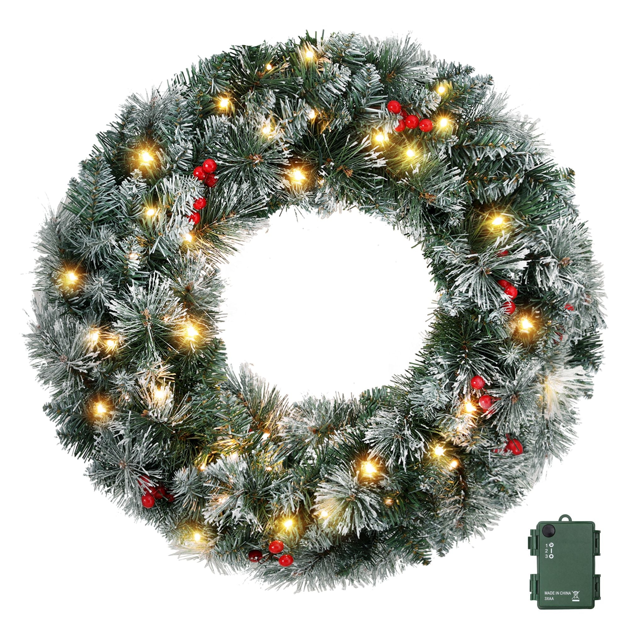 Jingle Jollys 60cm Christmas Wreath LED Lights Snowy Berries Garland Party Decor Bedworld
