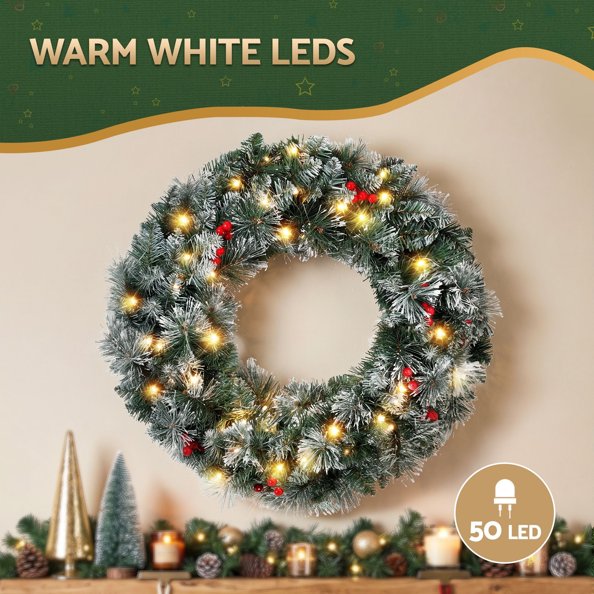 Jingle Jollys 60cm Christmas Wreath LED Lights Snowy Berries Garland Party Decor Bedworld