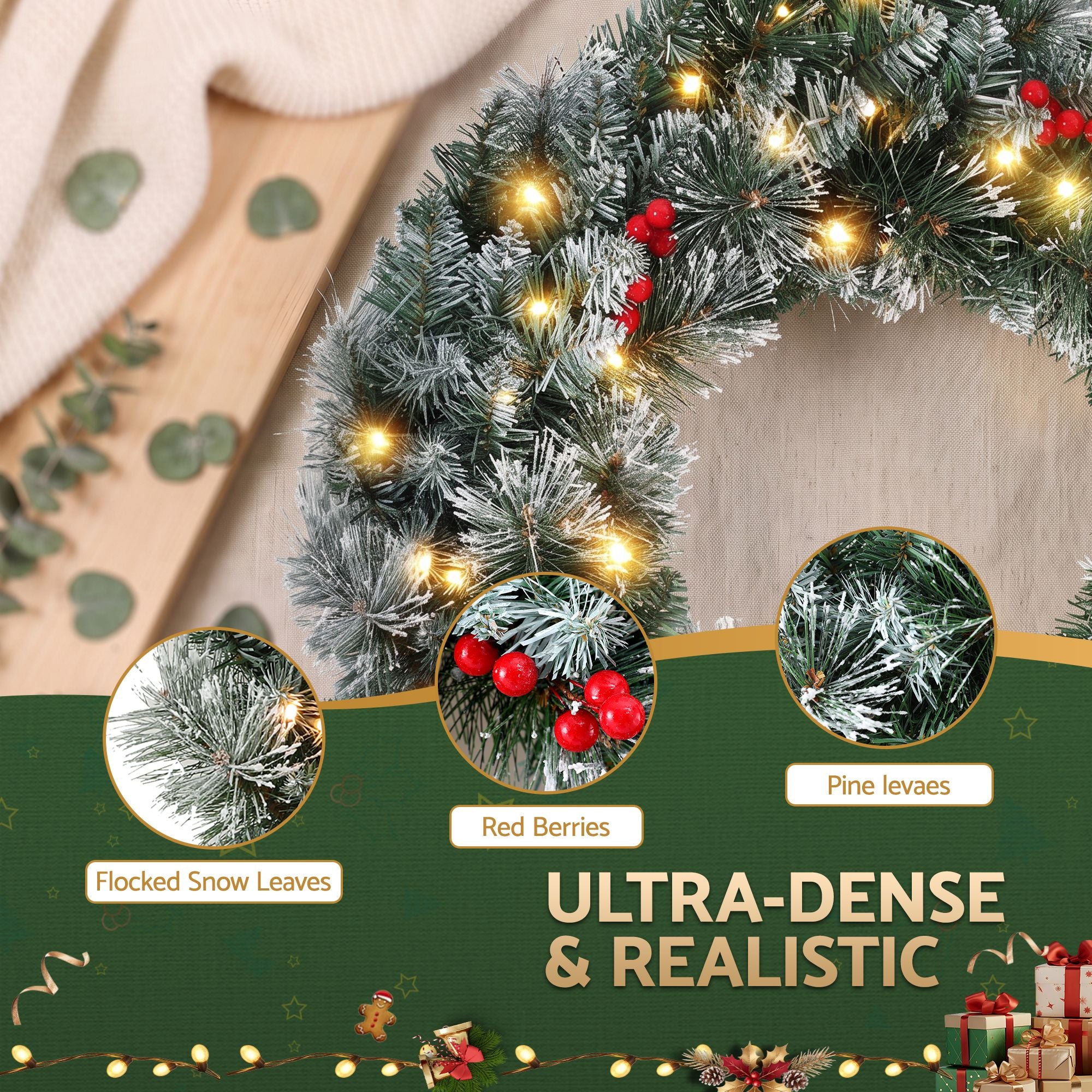 Jingle Jollys 60cm Christmas Wreath LED Lights Snowy Berries Garland Party Decor Bedworld