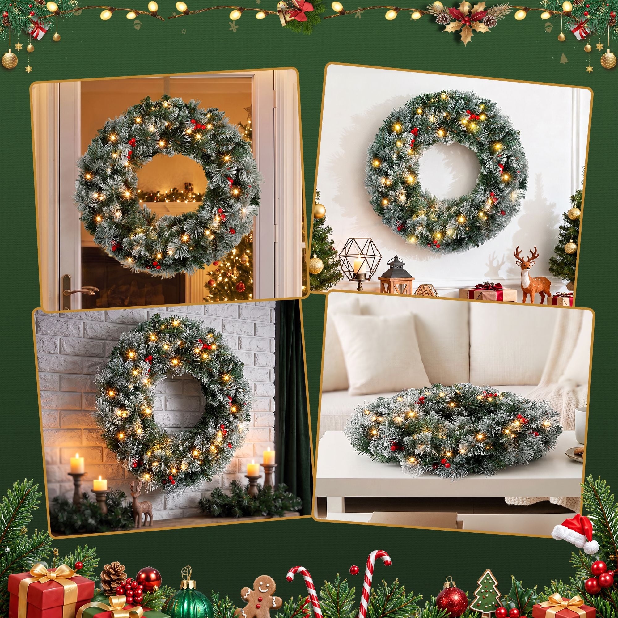 Jingle Jollys 60cm Christmas Wreath LED Lights Snowy Berries Garland Party Decor Bedworld