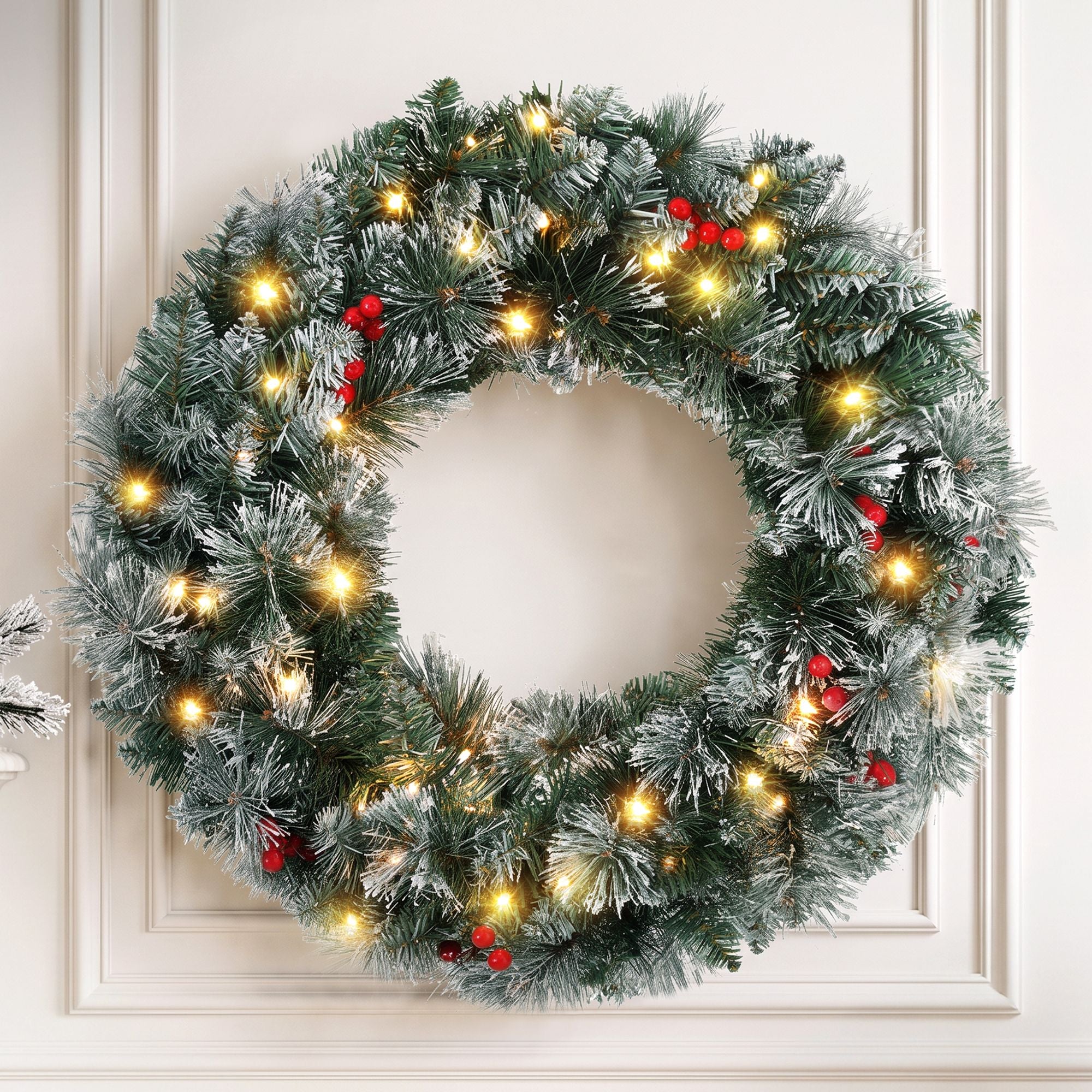 Jingle Jollys 60cm Christmas Wreath LED Lights Snowy Berries Garland Party Decor Bedworld