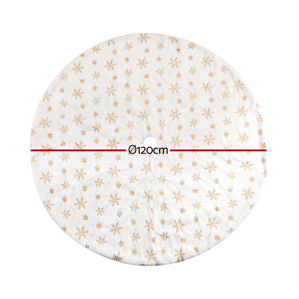 Christmas tree skirt, 120 cm diameter, white with gold snowflake pattern and round opening