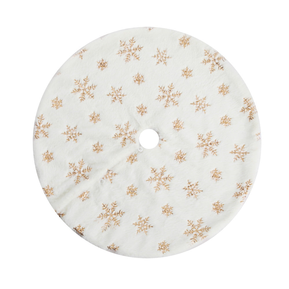 Christmas tree skirt, white with gold snowflake pattern and center hole