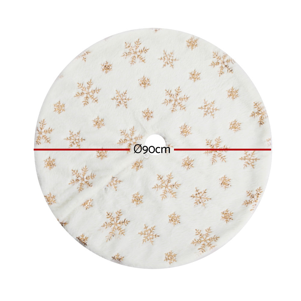 Christmas tree skirt, white with gold snowflake pattern, center hole, Ø90cm
