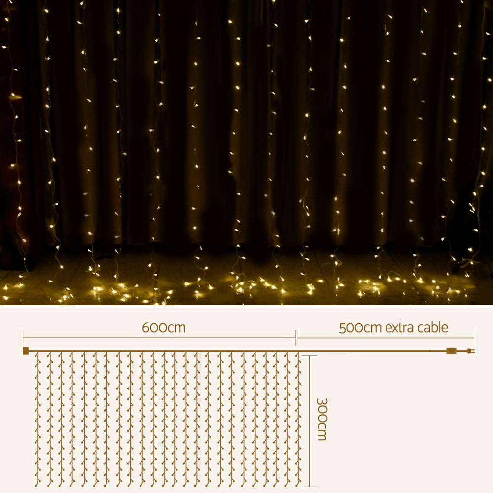 3x6m LED curtain light strand with extra cable and hanging bulb layout diagram