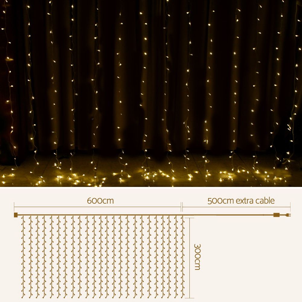 3X6M Christmas Lights Curtain Light Warm White 600 LED Jingle Jollys Bedworld