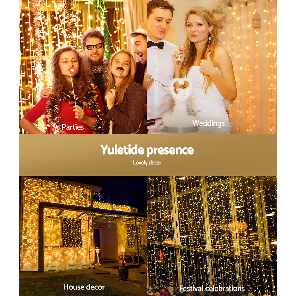 Warm LED curtain lights for festive decor with glowing strands around a doorway