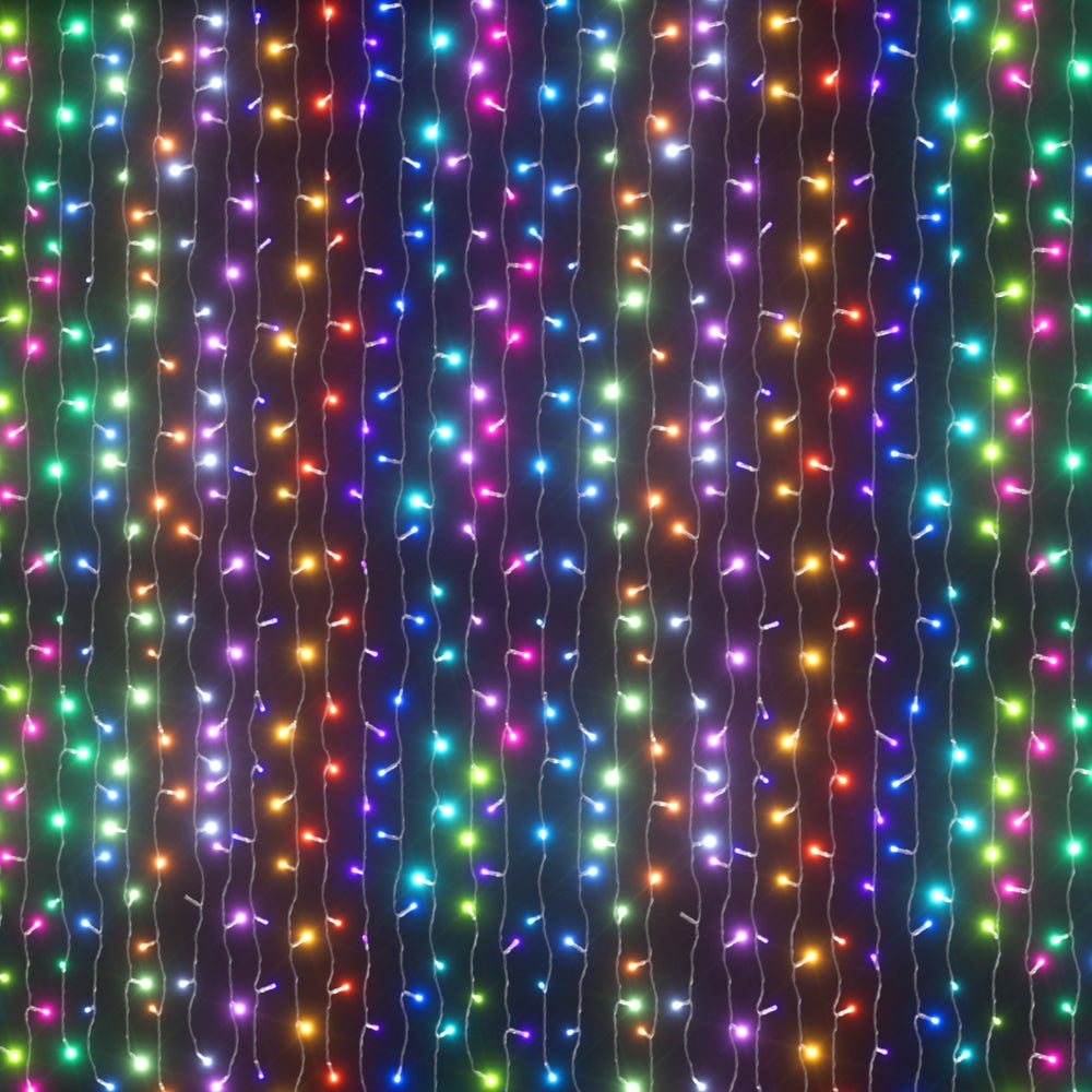 RGB LED curtain lights with multicolor vertical dangling strands