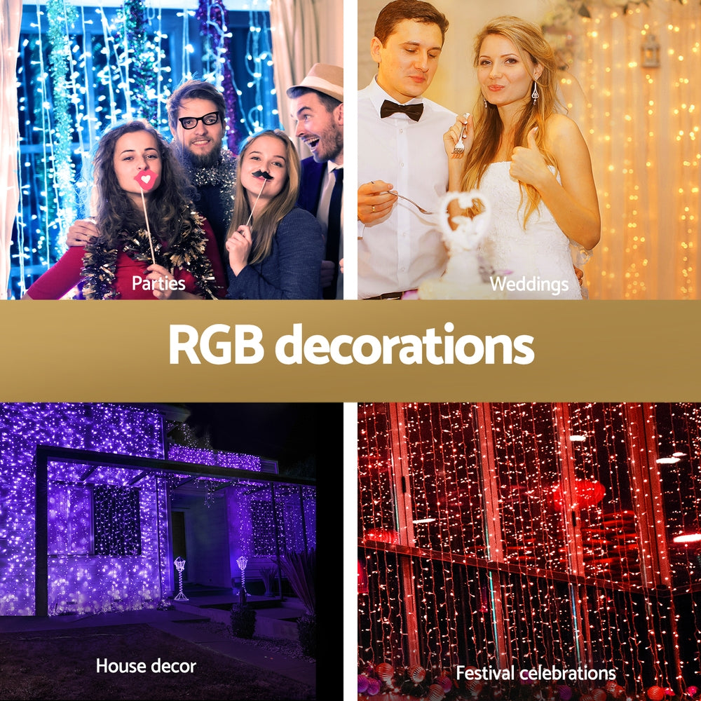 RGB LED curtain lights with vertical multicolor strands on house exterior