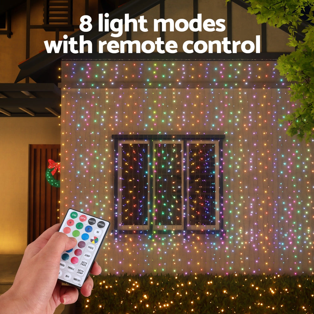 Outdoor RGB LED curtain lights with multicolor glow and handheld remote