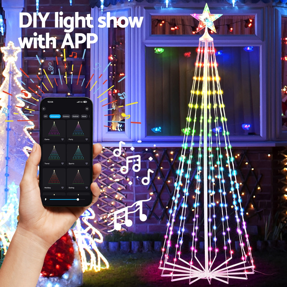 LED fairy light tree with star topper, showing smartphone app control