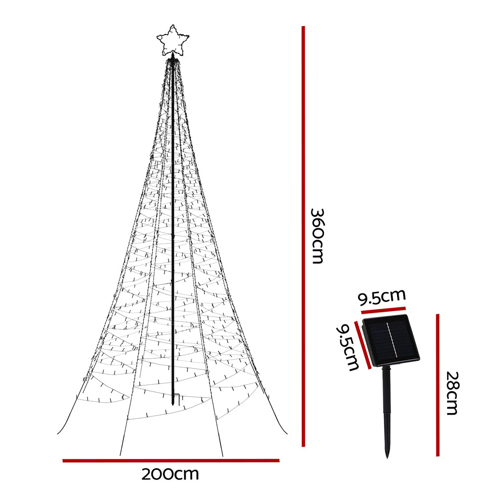 Silver wire-framed Christmas tree net lights with star topper, solar LED design