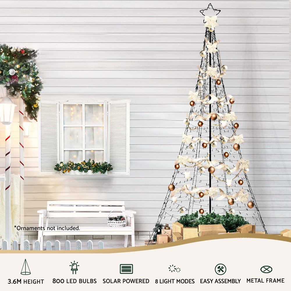 Gold LED solar Christmas tree net lights on metal frame with star topper