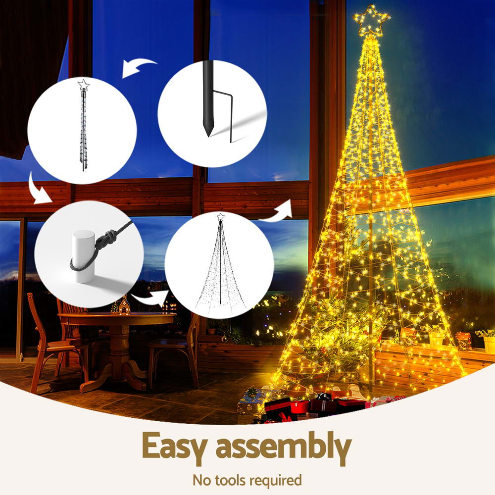 Gold LED solar Christmas tree net lights on metal frame with star topper