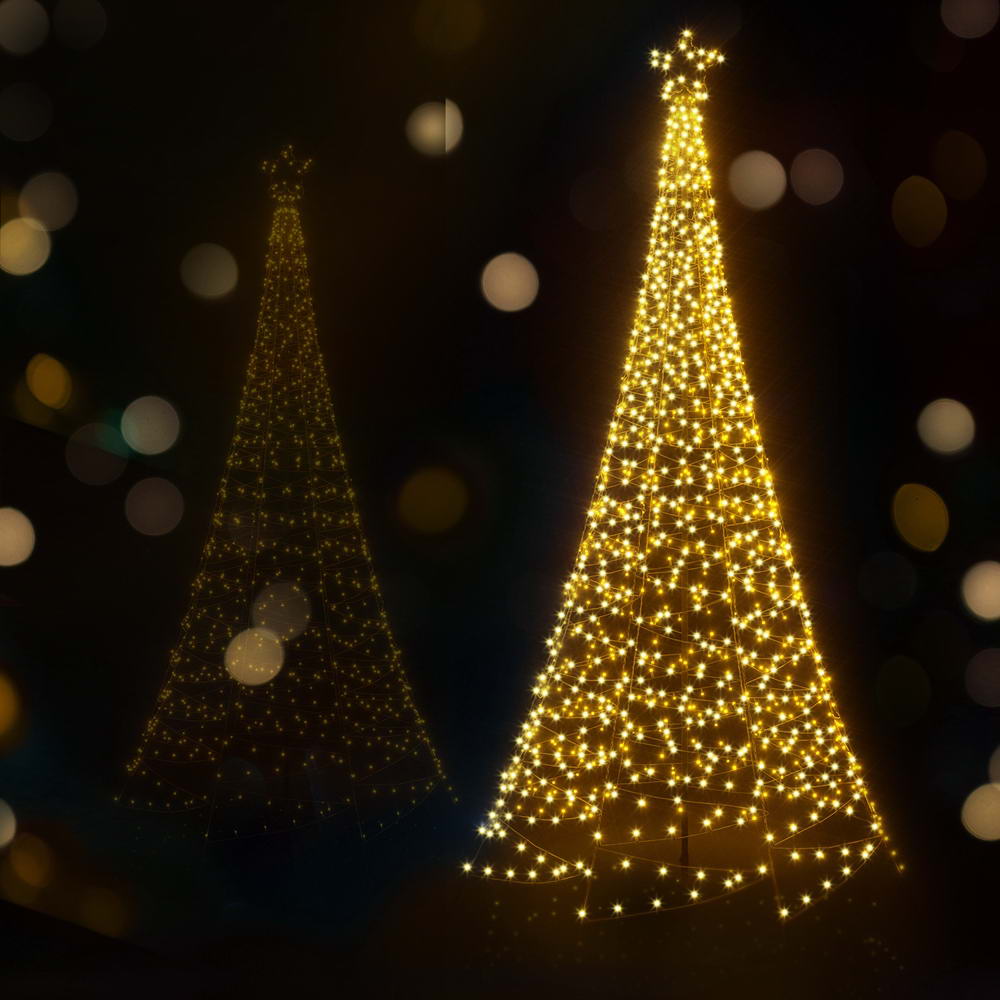Warm gold LED Christmas tree net lights with star topper, conical wire mesh