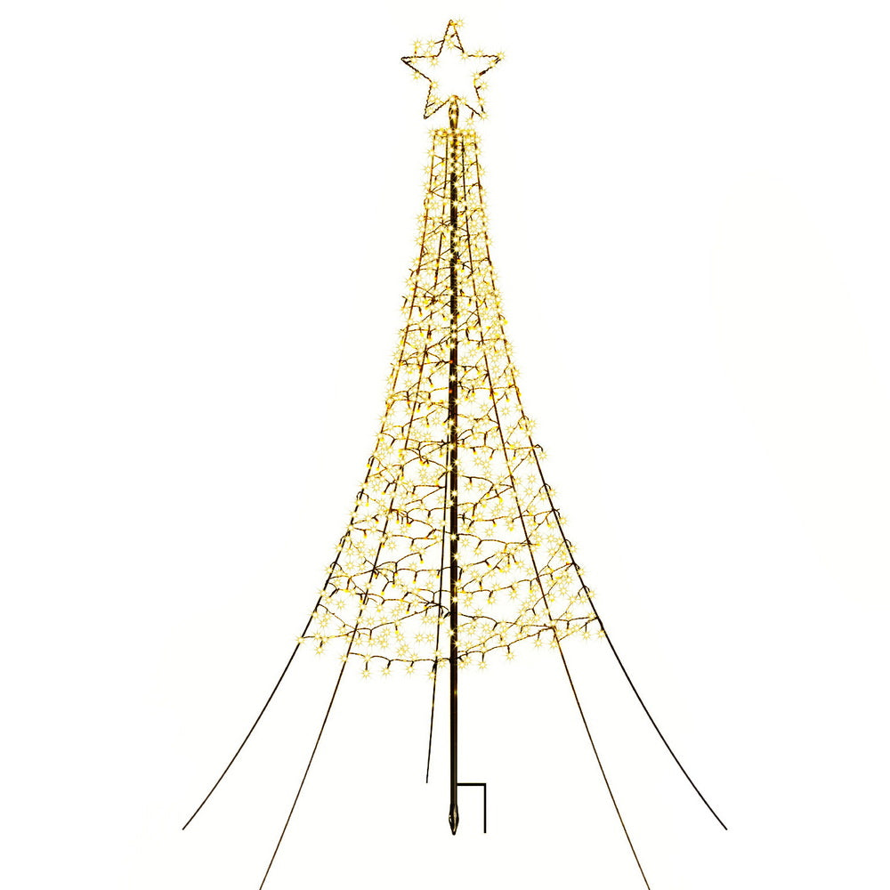 Solar net light Christmas tree with star topper, warm yellow LED strings