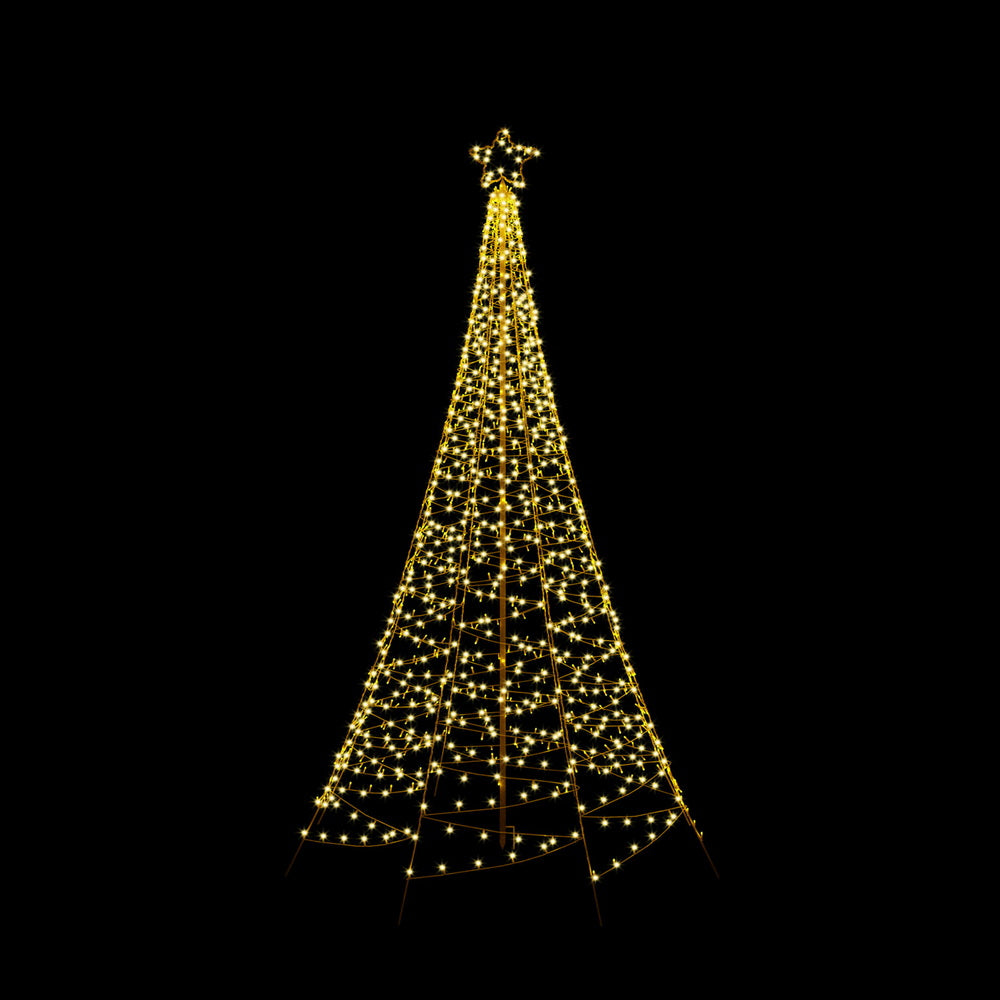 Warm yellow LED net Christmas tree with star topper, tall conical frame