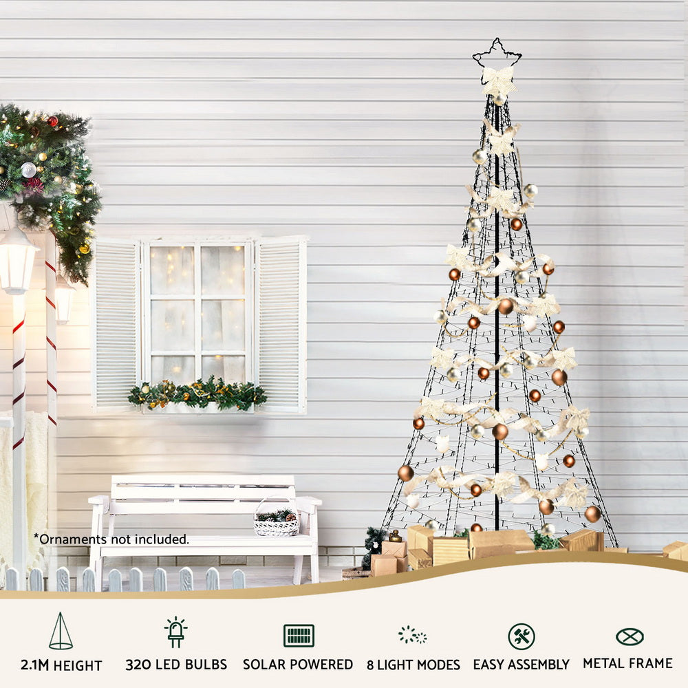 Outdoor solar Christmas tree with warm yellow LED net lights and metal frame