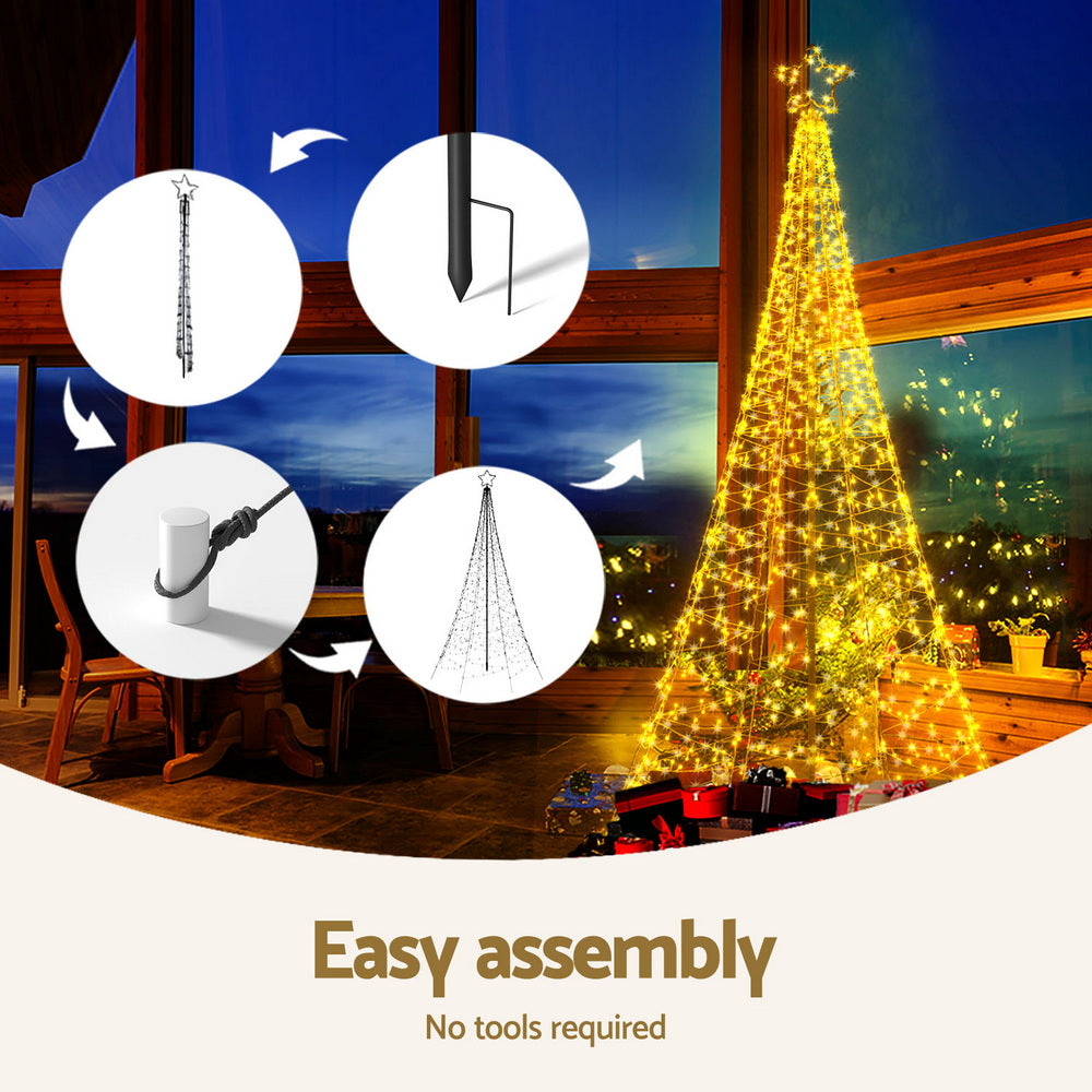 Solar Christmas tree with star topper and warm yellow LED net lights