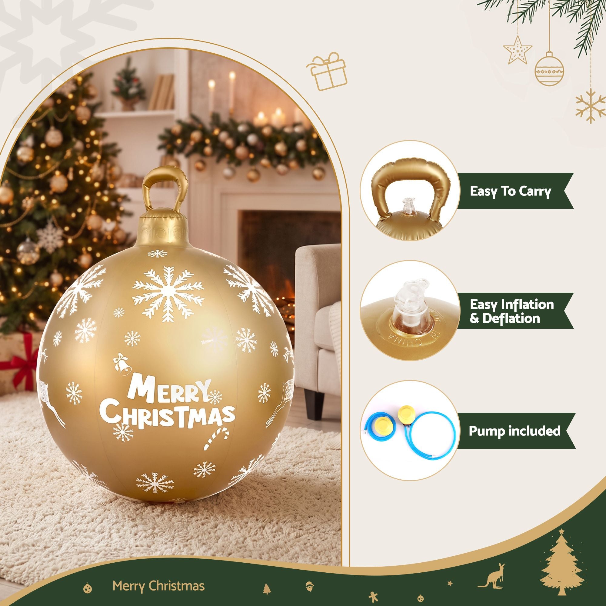 Jingle Jollys Christmas Inflatable Ball Bauble 60cm Outdoor Decoration Gold Bedworld