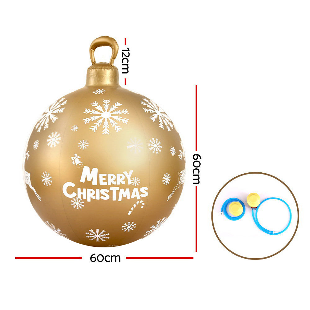 Gold inflatable Christmas bauble ball, 60cm, snowflakes and 'Merry Christmas'