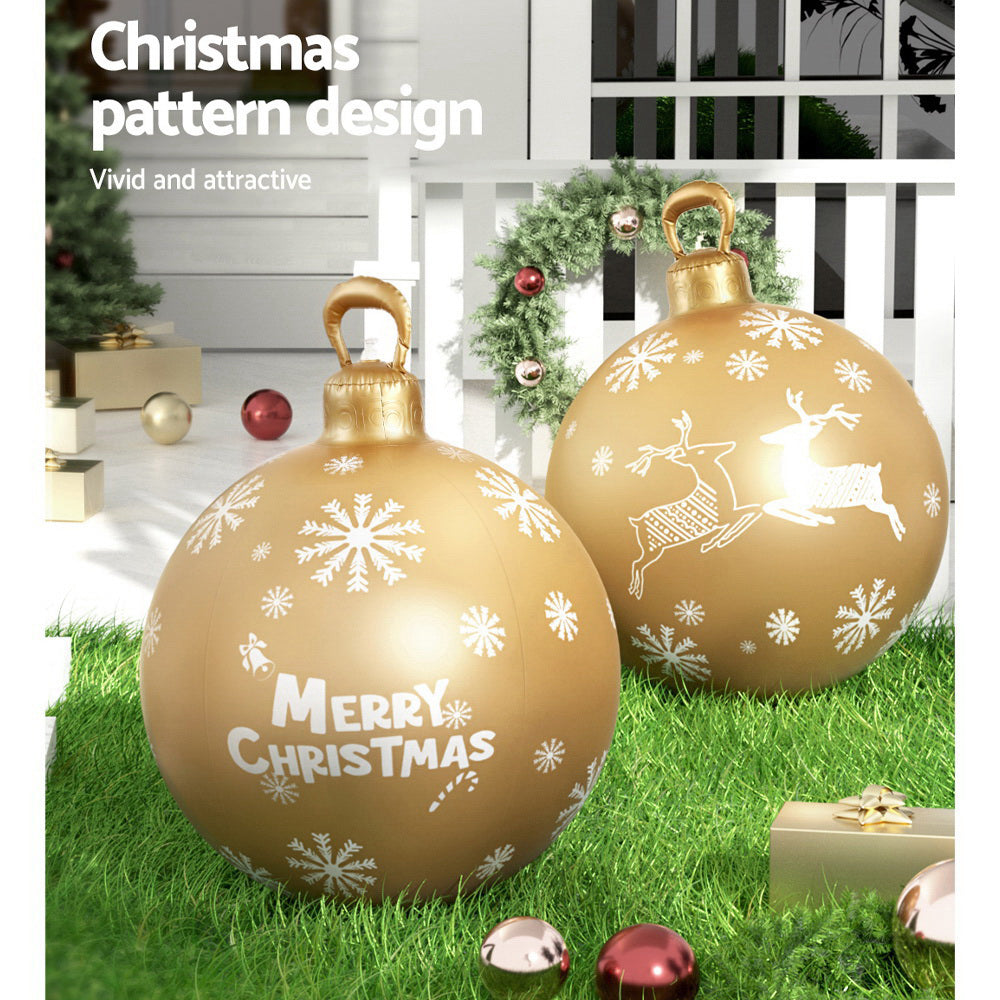 Gold inflatable Christmas bauble ball with snowflakes and reindeer scene
