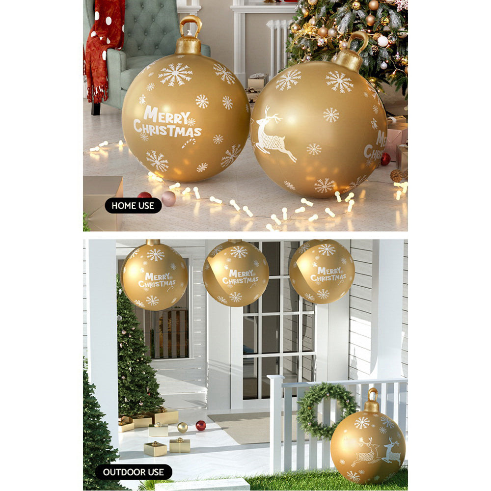 Gold inflatable Christmas bauble balls with snowflakes and reindeer figures
