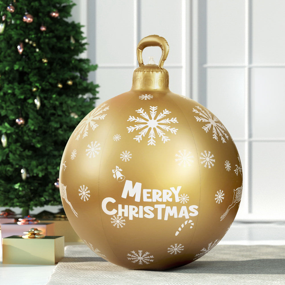 Gold inflatable Christmas bauble ball with snowflakes and 'Merry Christmas' text