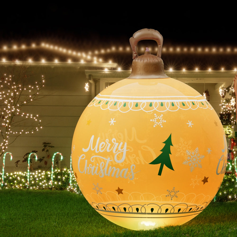 Yellow Christmas inflatable LED ball with Merry Christmas, tree and snowflake graphics