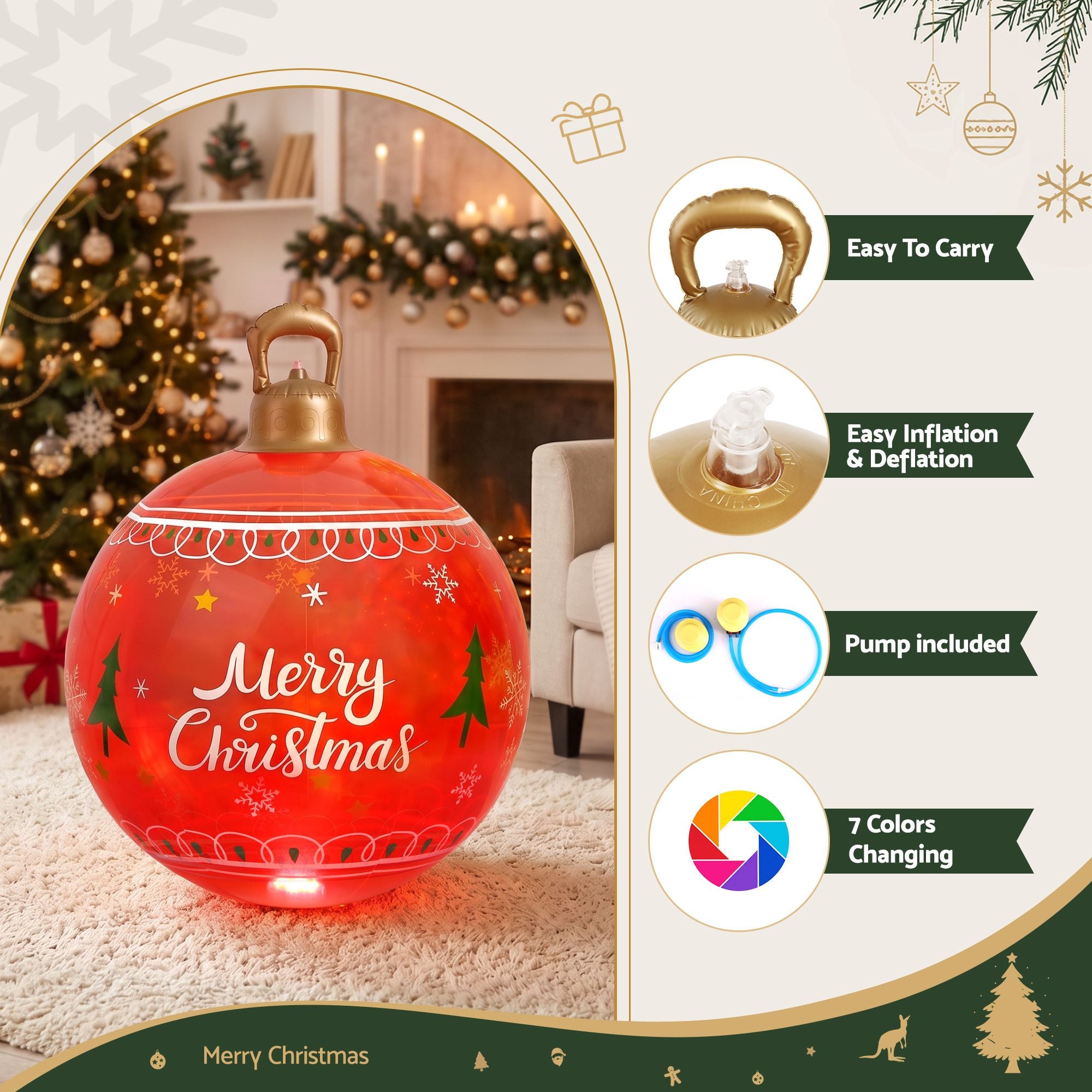 Jingle Jollys Christmas Inflatable Ball 60cm Led Illuminated Xmas Decoration Red Bedworld