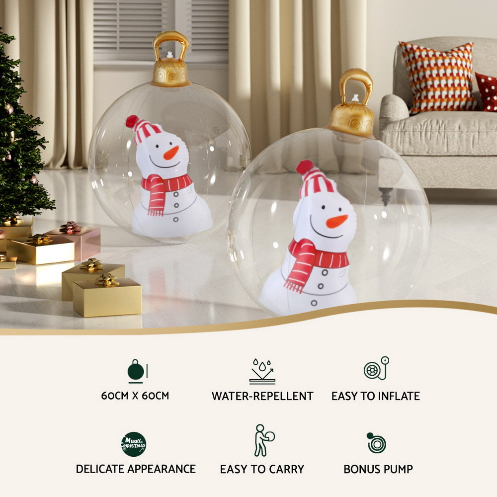 Snowman inflatable Christmas ball decorations with gold handles, two pack