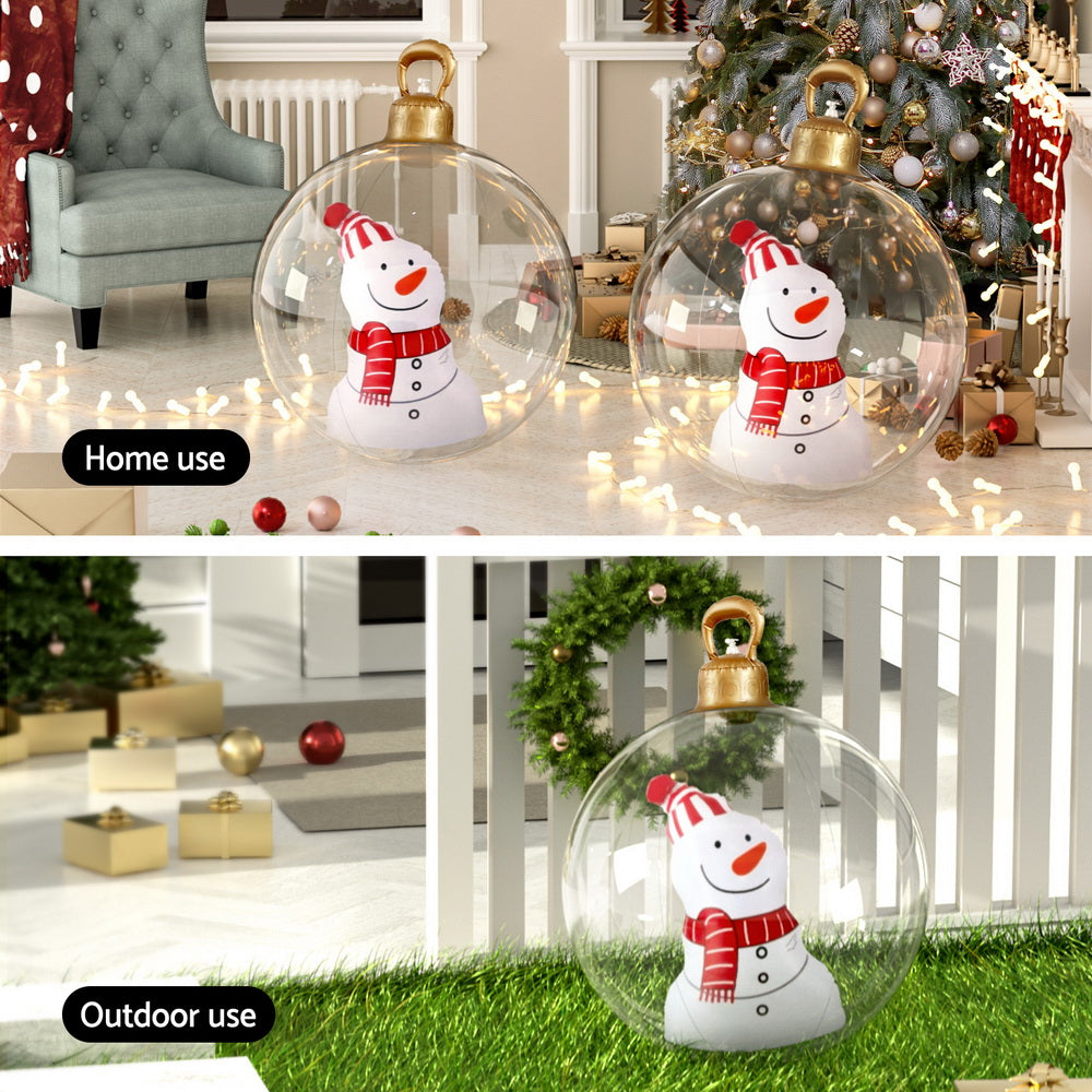 Snowman inflatable Christmas ball decoration with red scarf and gold top carry handle