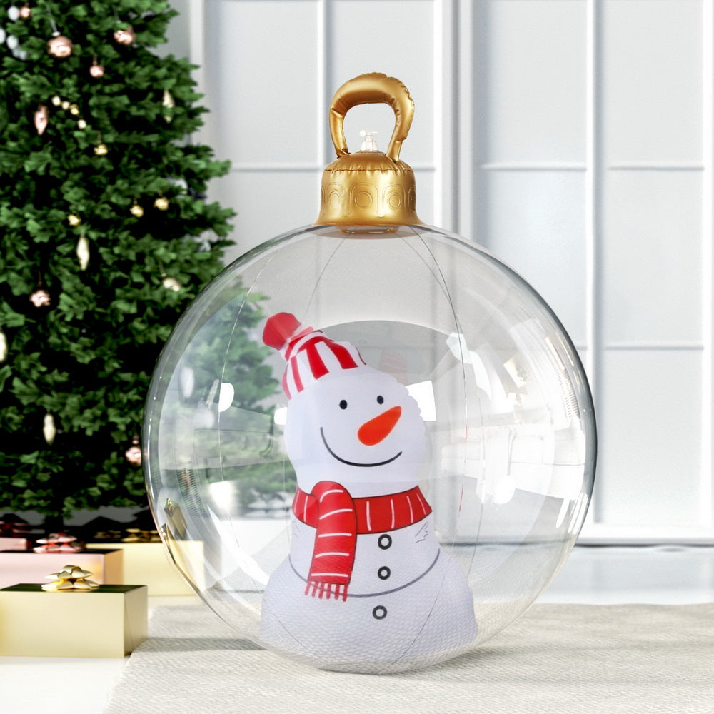 Snowman inflatable Christmas ball decoration with red scarf and gold top handle