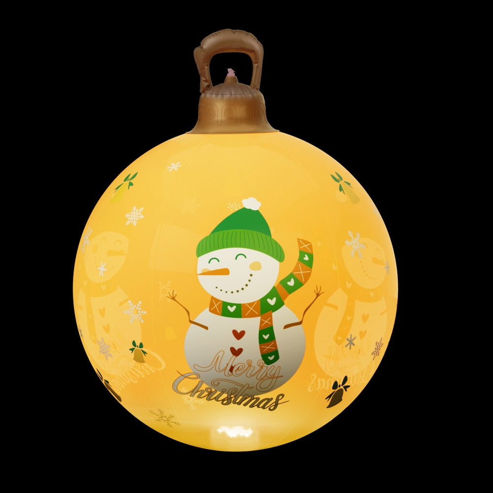Inflatable Christmas snowman ball decoration, yellow with green hat and LED glow
