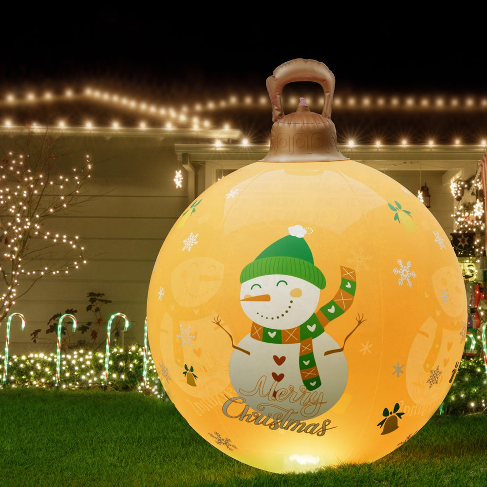 Inflatable Christmas snowman ball decoration, yellow with green hat and LED lights