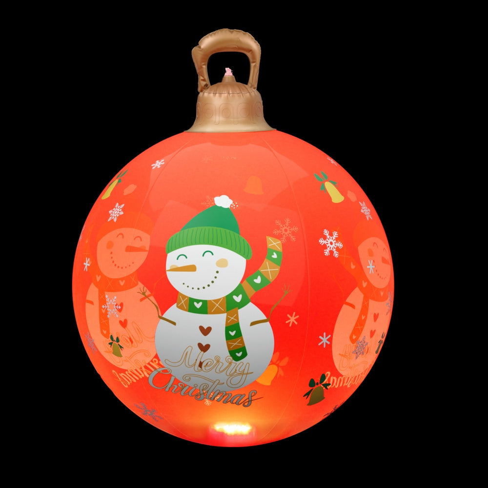 Orange inflatable Christmas ball with LED snowman holding a sign, top carry handle