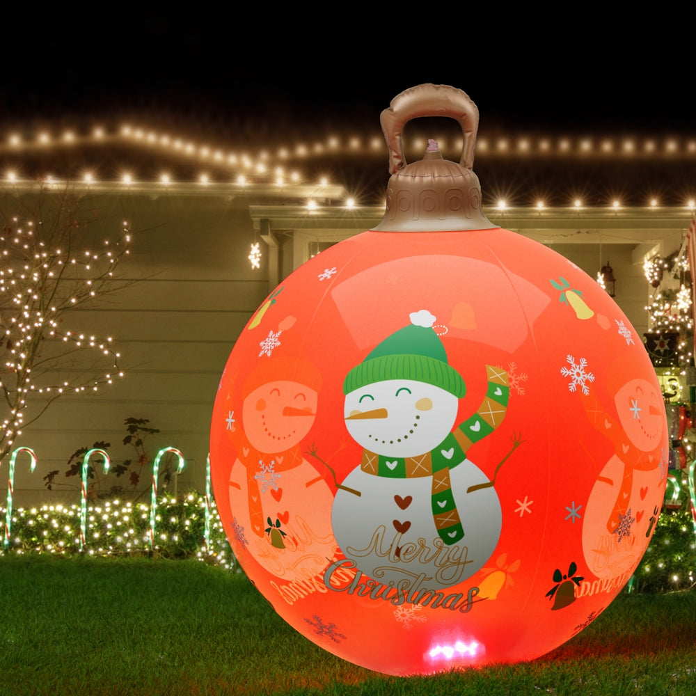 Orange LED inflatable Christmas snowman ball with carry handle, illuminated outdoors