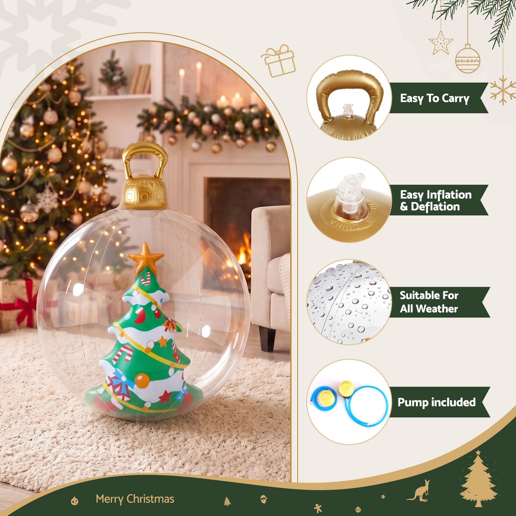 Jingle Jollys Christmas Inflatable Ball 60cm Tree Decoration Giant Bauble Clear Bedworld