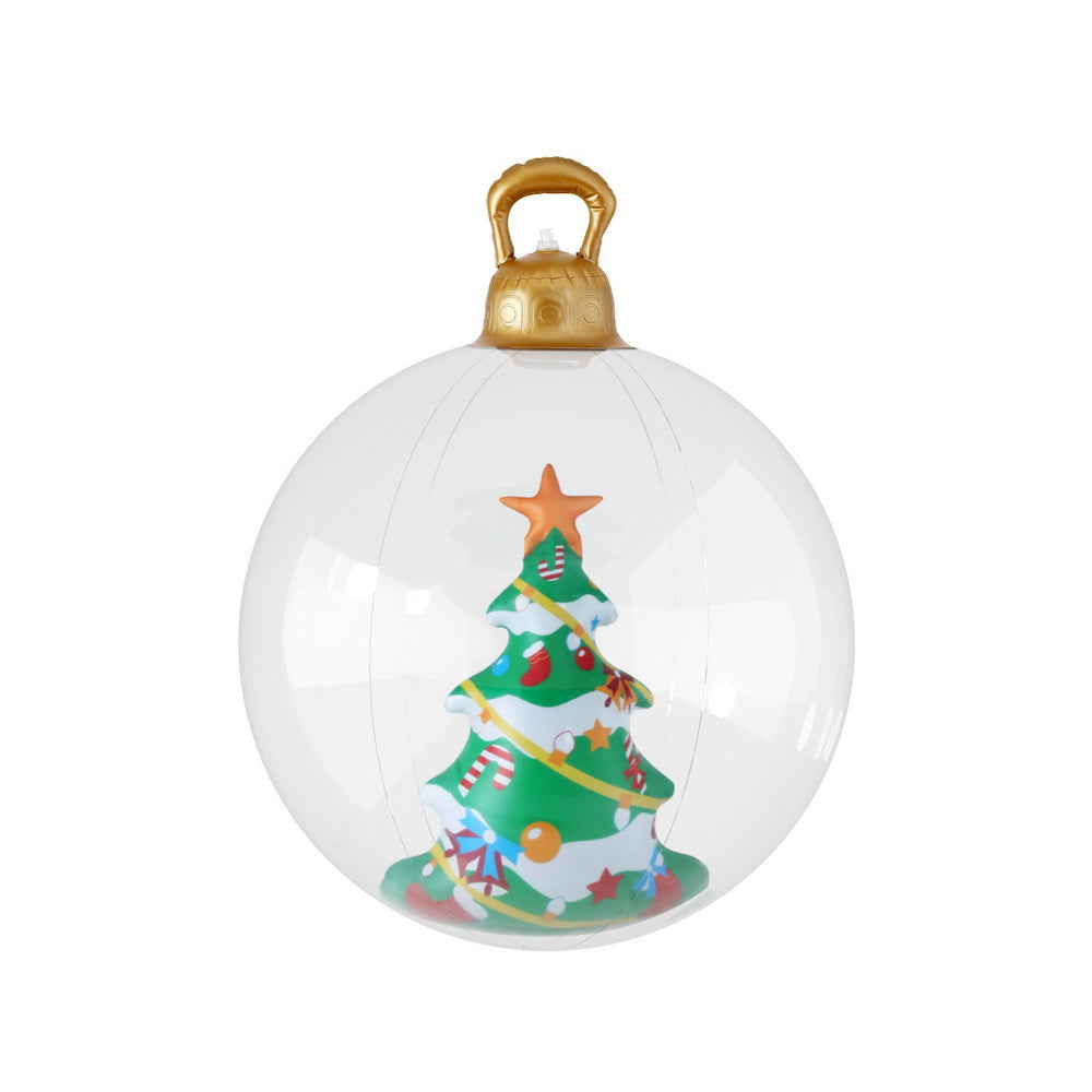 Clear inflatable Christmas bauble with gold top handle and painted tree design inside