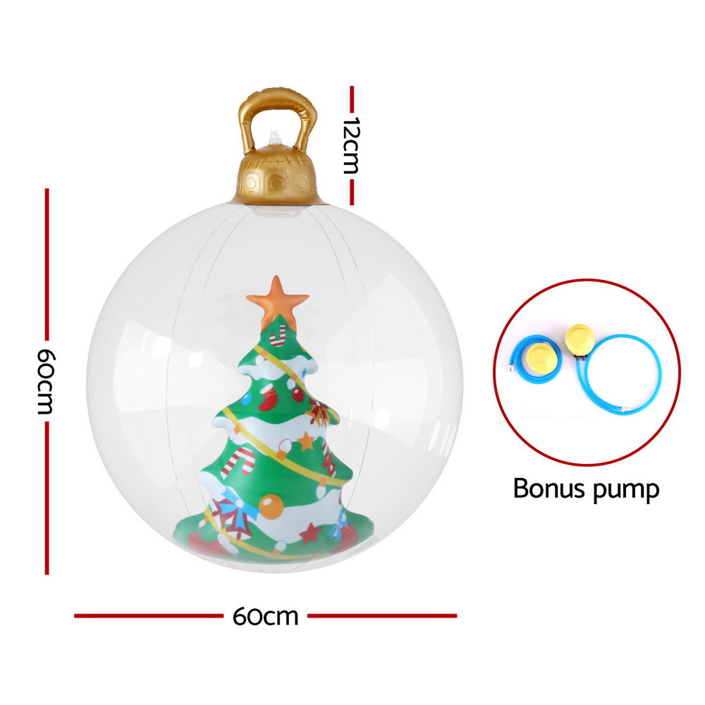 Clear inflatable Christmas bauble with gold top handle and tree illustration, side view