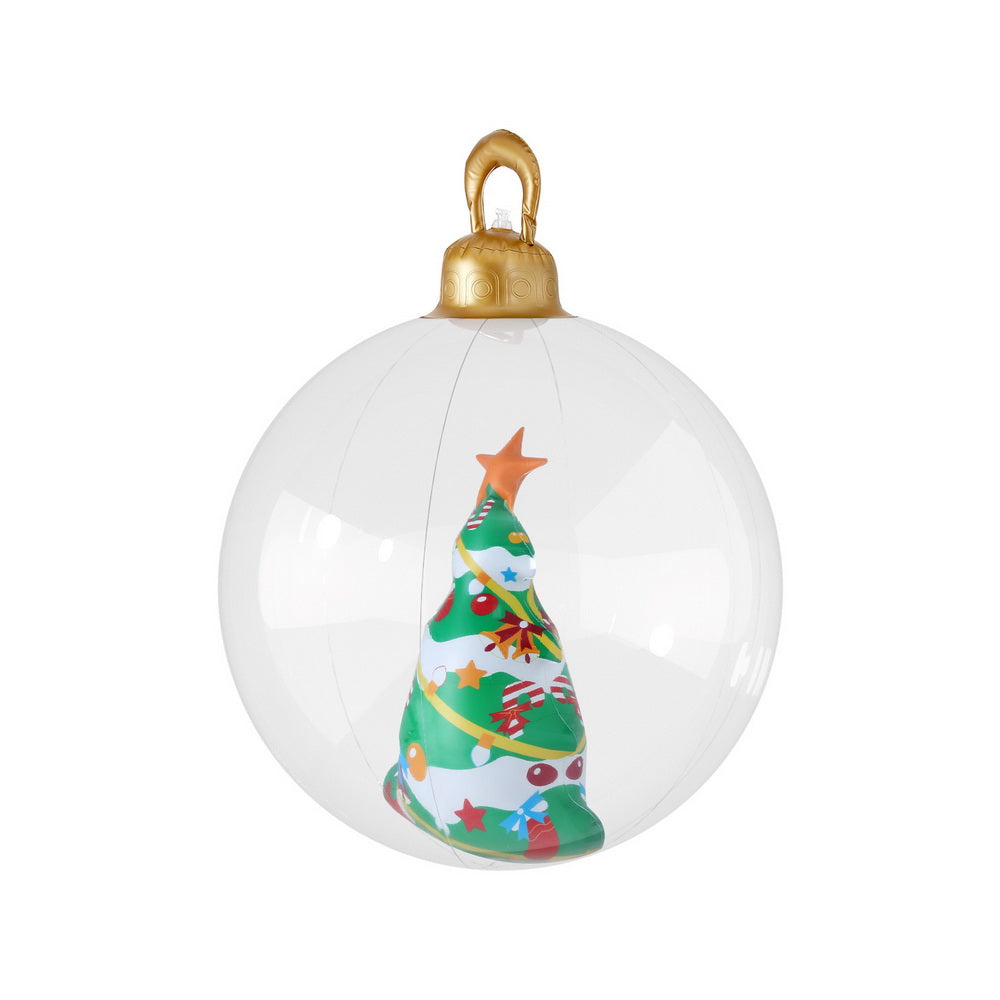 Clear inflatable Christmas bauble with gold top handle and tree illustration, front view